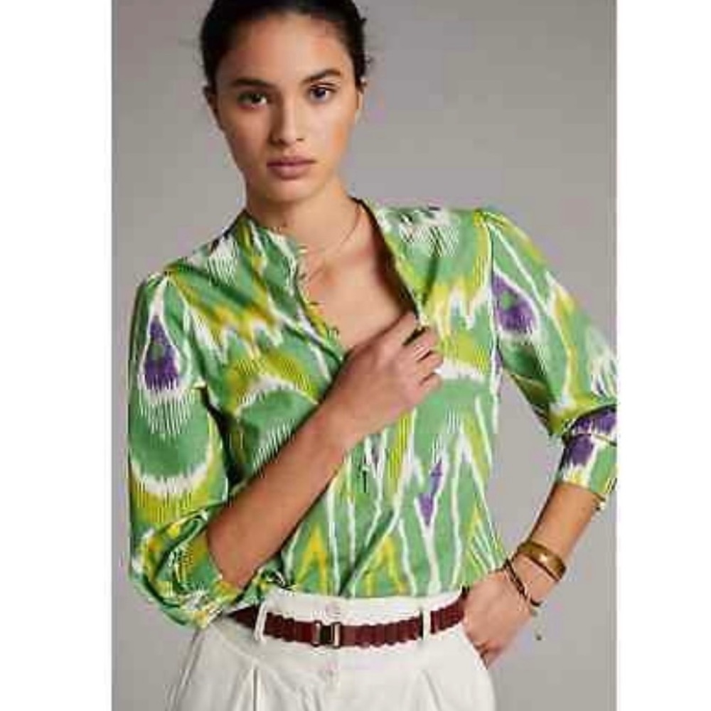 NEOT Anthropologie Sharona Henley women’s half button up vibrant green blouse